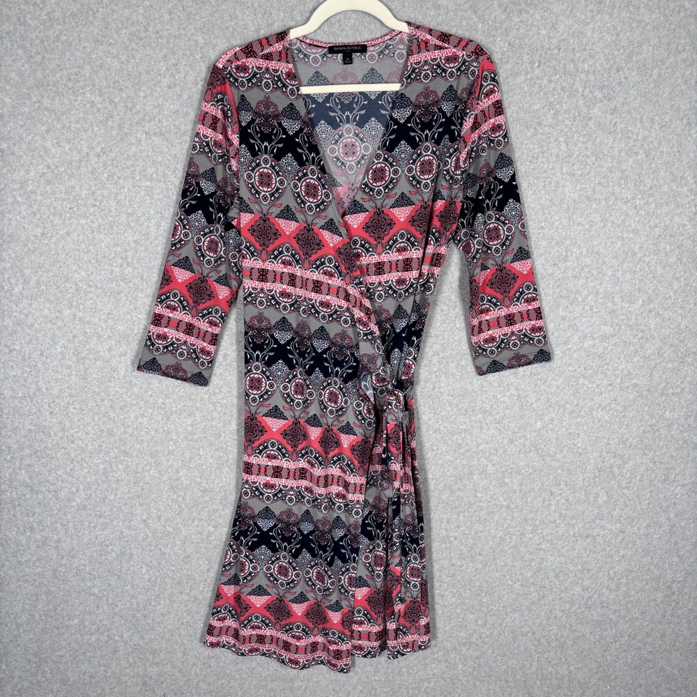 Banana Republic‎ Wrap Dress Medium Gray Pink Paisley Medallion Print Knit Career